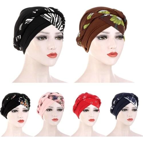New Women Printed Braid Hijab Caps Indian Hat Spring and Autumn Muslim Wrap Turban Cap Fashion Inner Hijabs Bonnet Ready To Wear
