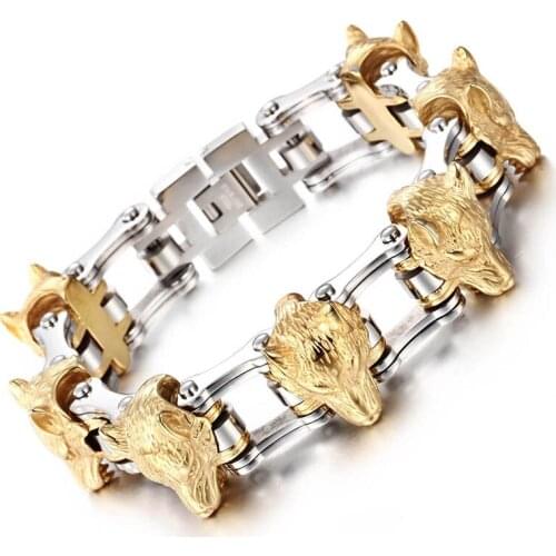 New Gift Titanium Stainless Steel Silver Color Motor Bicycle Chain Punk Animal Wolf Head Mens Jewelry Bracelet Bangle 8.26"*21mm