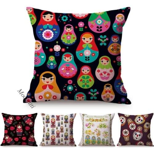 Colorful Russian Doll Pattern Cushion Cover Russia Art Hand-Painted Decoration Sofa Throw Pillow Case Flax Square Cushions Cover