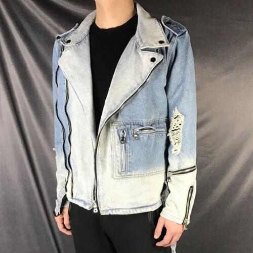 Streetwear Cotton Punk Coats Fashion Designer Destroyed Men Jackets High Quality Retro Blue Ripped Denim Biker Jacket Men