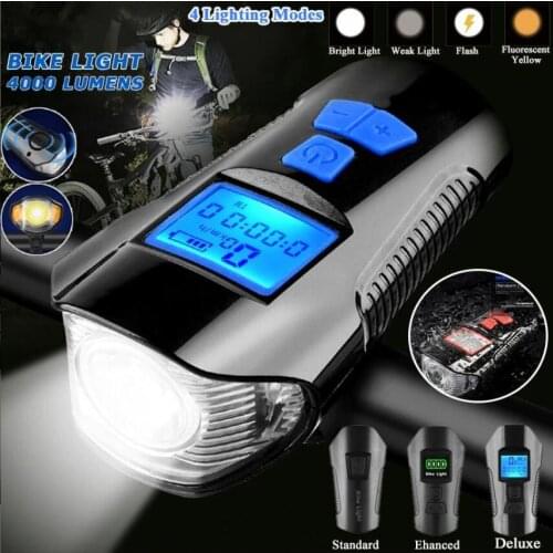 Waterproof Bicycle Light USB Charging Bike Front Light Flashlight Handlebar Cycling Head Light w/ Horn Speed Meter LCD Screen