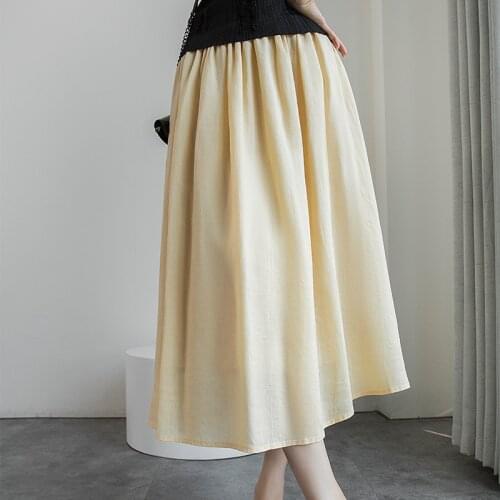 Johnature Summer New All Match Ramie Women Skirts 2021 Vintage Loose Elastic High Waist Solid Color A-Line Skirts