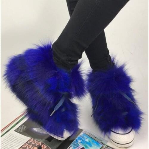 Blue Red Fur Women Shoes Front Lace Up Ankle Boots Platform 2020 Winter Snow Booties Handmade