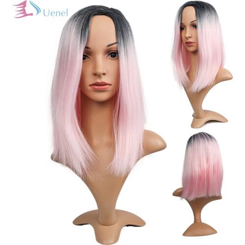 Uenel European and American Black Pink Ombre Medium Straight Synthetic Wigs For Women High Temperature 17Inch Free Shipping