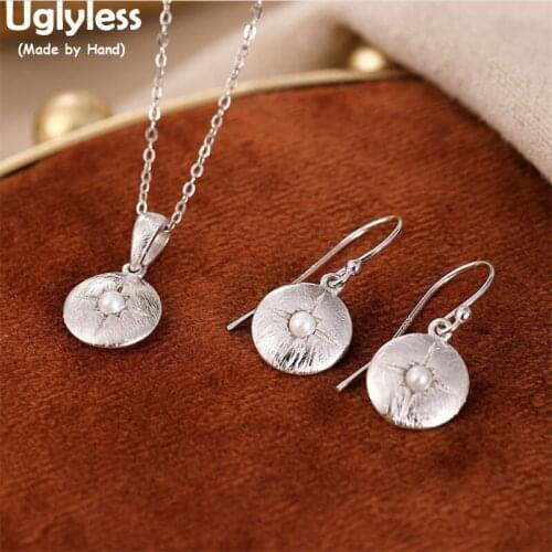 Uglyless Sparkly Pearl Stars Jewelry Sets for Women Vintage Matte 925 Silver Earrings Pendants Necklaces NO Chain Medals Bijoux