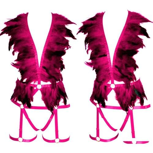 Hot Pink Feather Lingerie Set Full Body Harness Bra Garter Belt Sexy Shawl Top Punk Bondage Strap Women Plus Size Party Dance