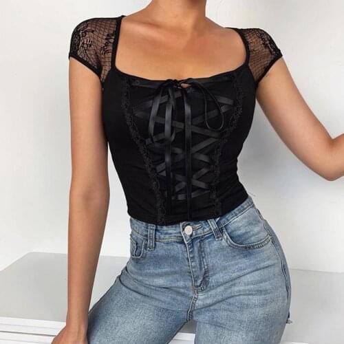 Women Lace Mesh Short/Long Sleeve Bandage Square Neck Bodycon Top T-shirt Streetwear for Spring/Summer
