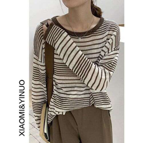 Raglan sleeve striped sweater womens 2021 autumn new sense of minority loose round neck long sleeve top
