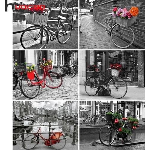 Huacan Diamond Painting Bike Black White Full Square/round Embroidery Mosaic Bicycle Flower Wall Decor Diamond Art