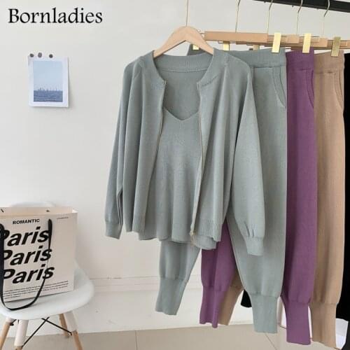 Bornladies New Autumn Winter Women 3 Pieces Sweater Set Full Sleeve Knitted Cardigans & Sleeveless Camisole & Knitted Pants 2021