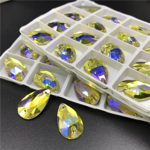 Citrine AB Drop Sew on Rhinestone Flat back Glass Crystal Teardrop Sew-on Stone For Dress Clothing Embroidery