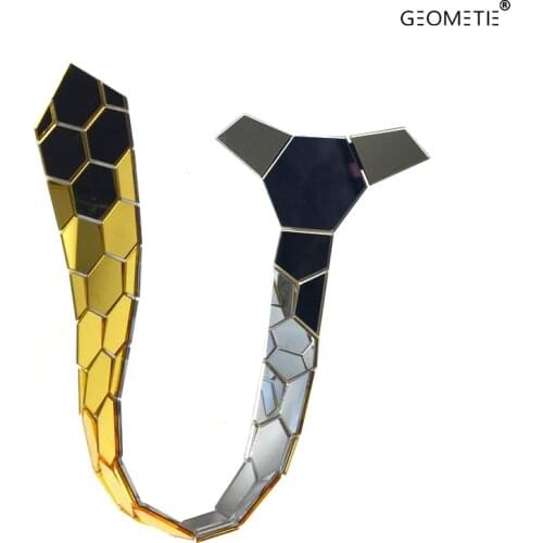 Reversible Mirror Necktie One side Gold n One Side Silver Classy Hexagons Ties Lover Gift Acrylic Shining Ties Slim Tie Clip Set