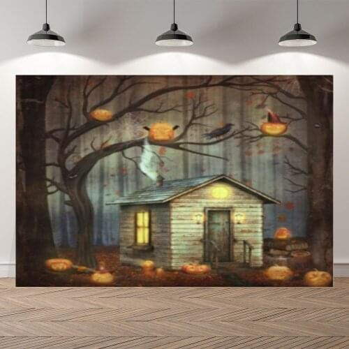 Seekpro Halloween Party Forest Pumpkin Spooky Photography Wood House Background Photographic Backdrop For Photo Studio Shoot