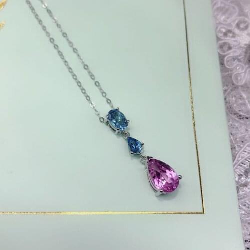 Fine Jewelry Real Pure 18K White Gold Jewelry 100% Natural Kunzite and Aquamarine Gemstone Diamonds Pendant Neckalces for Women