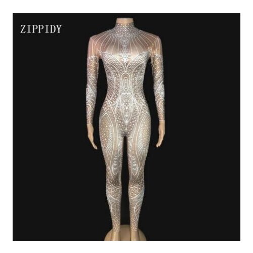 New Fashion Design Pattern Jumpsuit Cloak Outfit Stretch Stage Costume Dance Perforamnce Wear Bar Leggings Nude White Bodysuit