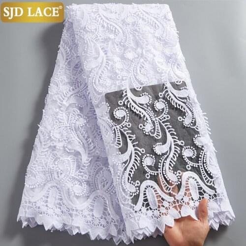 SJD LACE Pure White Wedding Materials Sequins Design African French Mesh Lace Fabric 3D Applique Tulle For Bridal Dress SewA2532