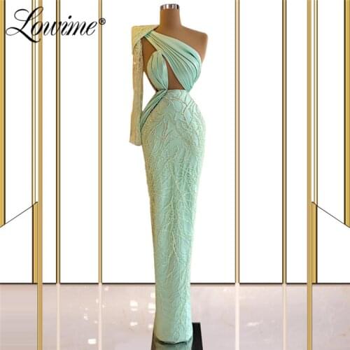 Lowime Arabic One Shoulder Evening Wear Cut-out Design Beaded Party Gowns For Middle East Women Evening Dress Wedding Prom Dress