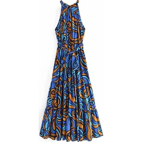 Fashion Women Leaf Print Summer Tank Dress 2021 New Arrival Sleeveless Ladies Midi Sundress With Slash