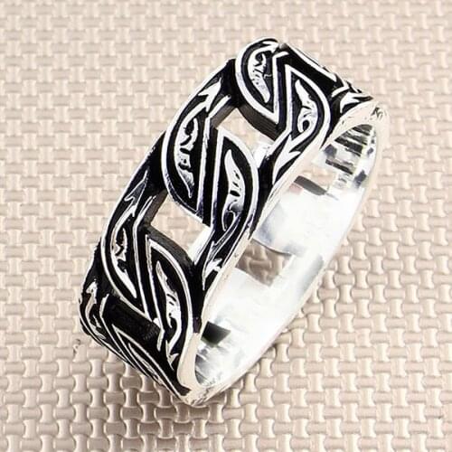 Men Silver Bands Ring With Geometric Motif Wedding Ring Engagement Silver Spinner Ring Made in Turkey Solid 925 Sterling Silver