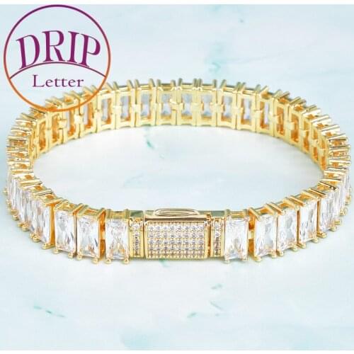 9mm Baguette Zircon Bracelet Chain Mens Trendy Cool Hip Hop Link Gold Color Plated Copper Bling Rock Jewelry