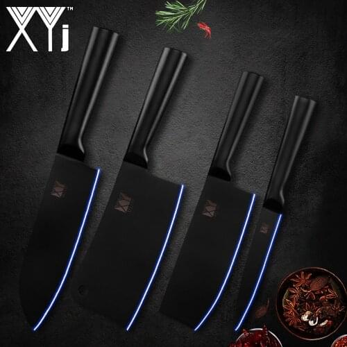 XYj 4pcs Kitchen Chopping Knife Set High Carbon Stainless Steel Santoku Utility Knife All Black Kitchen Tool Cooking Gadgets
