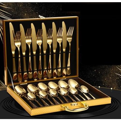 24 Pcs Gold Plated Stainless Steel Dinnerware Set With Wooden Gift Box Cutlery Set Black Silverware Drop Shipping Christmas Gift