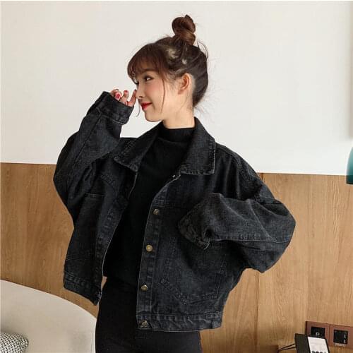 Spring and Autumn 2021 New Retro Harbor Wind Ins Black Loose Short POLO Collar Long-sleeved Denim Jacket Schoolgirls
