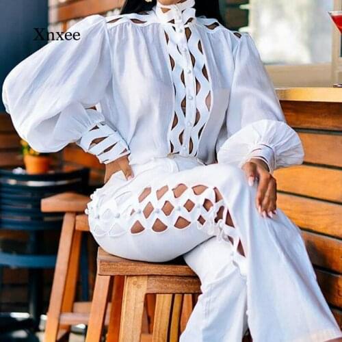 Autumn Hollow straight Two Piece Sets Office Ladies Sheer Long Sleeve Shirt Top Pants Elegant Women fashion Matching Outfits