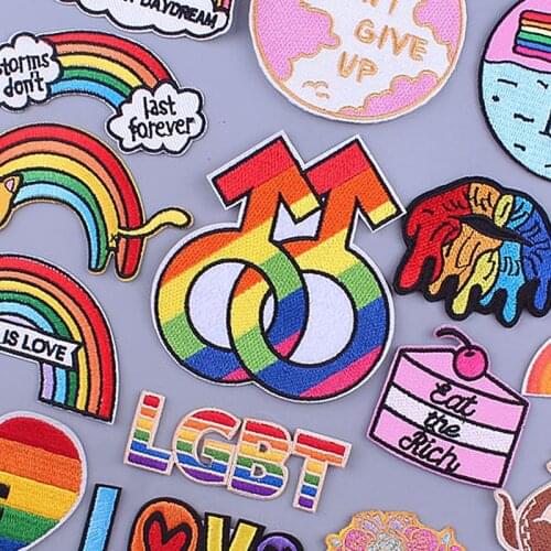 LGBT Patch Iron On Patches For Clothing Letters StripeS Appliques Hrat-Sensitive Embroidered Patches For Clothing Lips Badge DIY