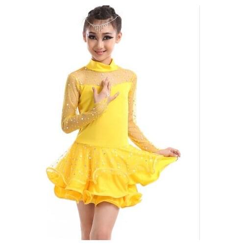 New kids long mesh sleeve latin Rumba cha cha salsa tango vestido latino Latin dance dress competition yellow pink red black