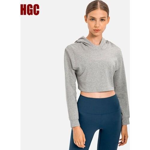HGC Casual Sweatshirt Women Hooded Long Sleeve Fitness Sports Crop Top COTTON Autumn Loose Versatile Leisure Running Yoga Blouse