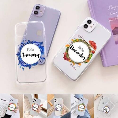 Flowers leaves month text art Phone Case Transparent for iPhone 11 12 6 7 8 Pro X XS Max XR Plus Soft TPU Clear mobile bags