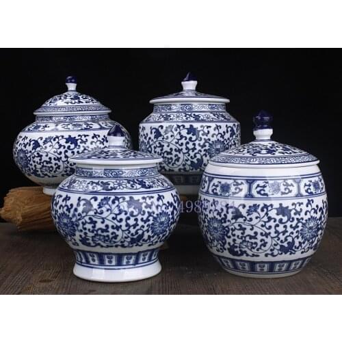 Retro Chinese Style Ceramics Porcelain Crafts Storage Tank with Cover Storage Organization Flower Arrangement Vase Decoration