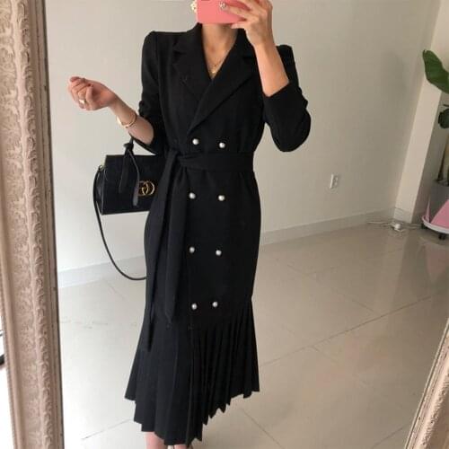 SMTHMA New 2021 Autumn And Winter Women Vintage Elegant Double Breasted Mermaid Dresses Korean Fashion Lace Up Vestido Da Festa