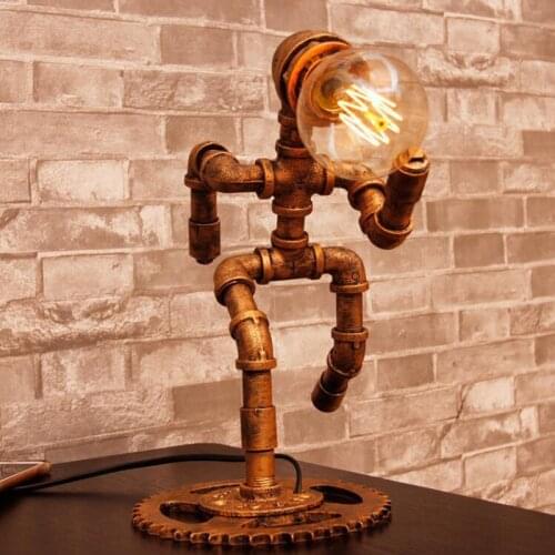 Loft American retro water pipe vintage table lamp Cafe decorative study light design table lamp bedroom robot table lamp