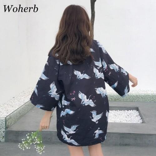 Woherb 2021 Summer Plus Size Tops Kimono Cardigan Women Harajuku Blouse Print Crane Ladies Japanese Kimonos Streetwear 21107