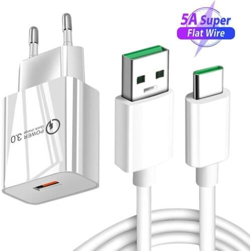 For Huawei P30 OPPO Reno 5 A53 Realme X2 7 6 5 Pro Fast USB Charger adapter VOOC 5A Super Type C Charge cable POCO M3 Honor 9 9X