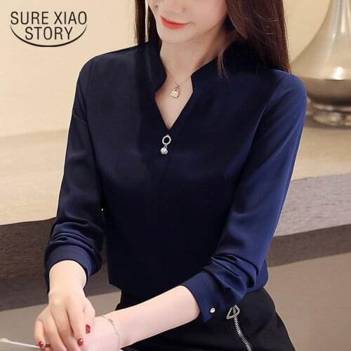 Feminine Blouses V Collar Office Lady White Blue Blouse Fashion Chiffon Blouses Ladies Long Shirt Women Tops and Blouses 2412 50