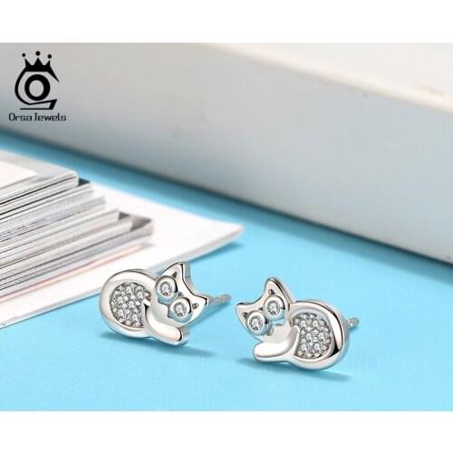 ORSA JEWELRS Women Silver 925 Small Stud Earrings with Cute Cat Pattern AAAA Zircon Earrings Jewelry Party Wedding Gift BE260