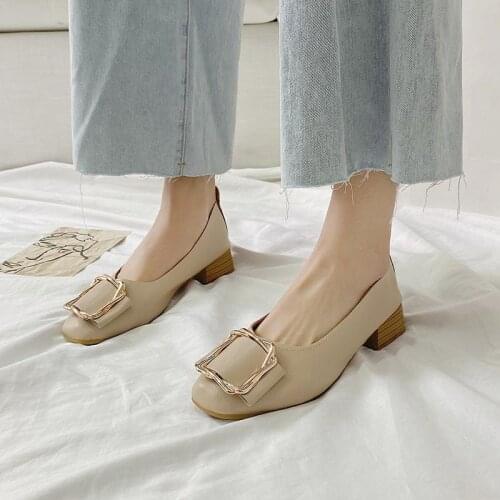 Metallic Square Buckle Low-heel Women Shoes Summer Outdoor Shallow Mouth Lady Vulcanize Shoes Korean Style Fashion Slip-on Shoes