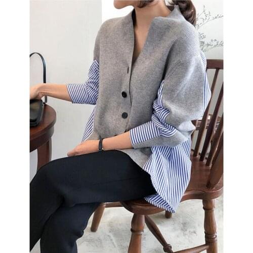 New 2020 Autumn Womens Sweaters Patchwork Srtiped Knitting V-Neck Stylish Knitted Button Cardigans Loose Tops CL598