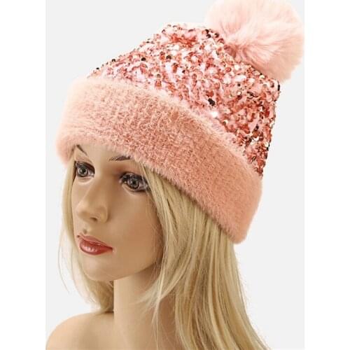 Sequin Winter Knitted Beanies Hats Women Luxury Sequins Beanie Skullies Female Fur Pompom Hat Bonnet Beanie Caps