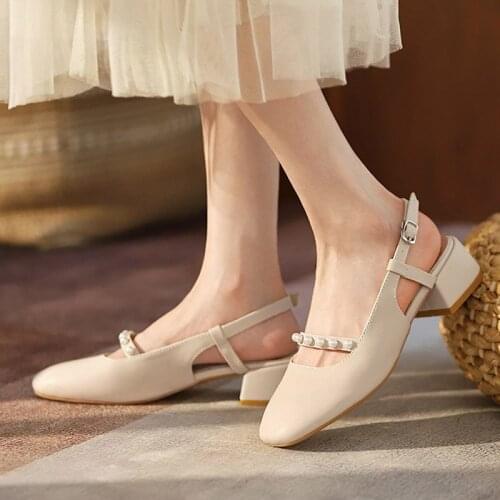 2021 Summer Women Sandals Square Toe Low Heels Dress Shoes Beading Pearls Slip on Ladies Shoes Slingback Back Strap Pumps 9200L