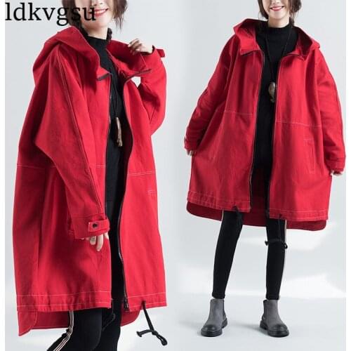 2020 High Quitly Spring Autumn Long Trench Coat For Women red Plus Size Womens Windbreaker Loose Hooded Coat Female A1355