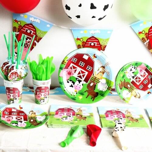 Farm Animals Theme Party Supplies Paper Plate Cup Napkin Invitation Ceiling Straws Bags Topper Banner Balloon Party Decoration