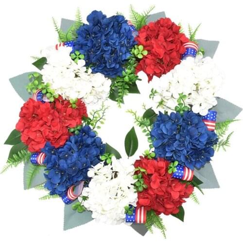 Artificial Hydrangea Wreath American Patriotic Independence Day Usa July 4Th Decoration for Front Door Wall Window Decor