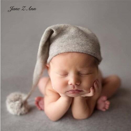 Jane Z Ann Newborn Photography Clothing Baby Photo Cute Modeling Hat twins Knitted Long Tail big ball cap studio shooting props