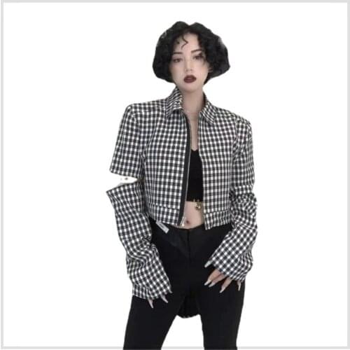 Aurance Women Coat Womens Jackets Patchwork Plaid Zipper Short High Waist Ladies Fashion Autumn New 2021 Coats Clothing