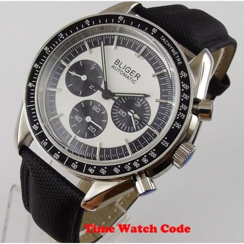 Multifunction Automatic 40mm Mens Wristwatch Bliger white dial Week Date display Leather strap or metal bracelet black bezel