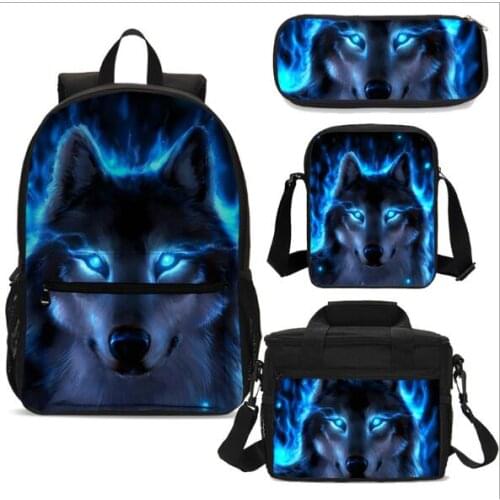 Fashion School Bags 4Pcs/Set Cool Wolf Printed wish Black Schoolbags Bookbags For Teenager Boys Cool Men Shoulder Backpack